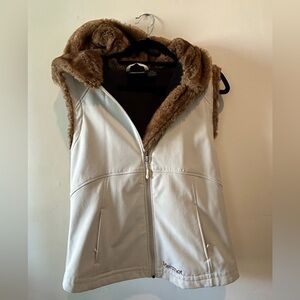 Marmot White and Brown Vest with Faux Fur Hood